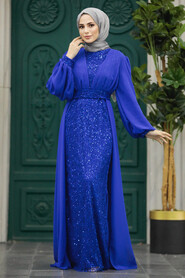 Neva Style - Stylish Sax Blue Muslim Long Sleeve Dress 22072SX - Thumbnail