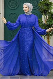 Neva Style - Stylish Sax Blue Muslim Long Sleeve Dress 22072SX - Thumbnail