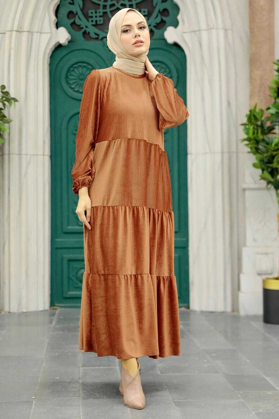 Neva Style - Sunuff Colored Hijab Velvet Dress 1286TB