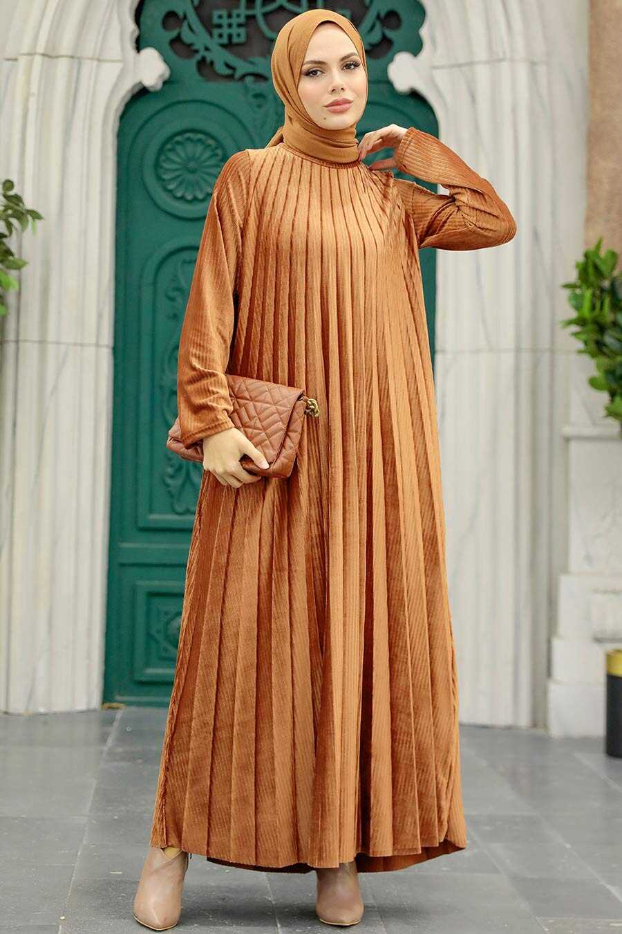 Neva Style - Sunuff Colored Hijab Velvet Dress 1287TB