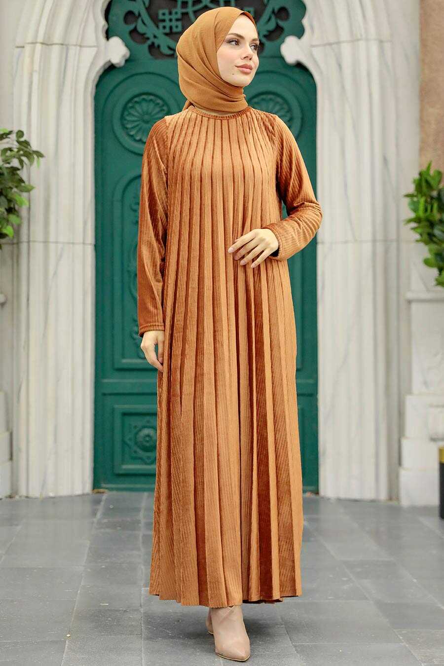 Neva Style - Sunuff Colored Hijab Velvet Dress 1287TB