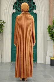 Neva Style - Sunuff Colored Hijab Velvet Dress 1287TB - Thumbnail