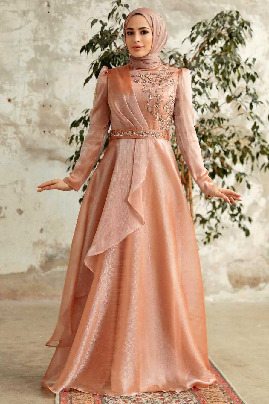Neva Style - Long Biscuit Hijab Engagement Dress 3824BS
