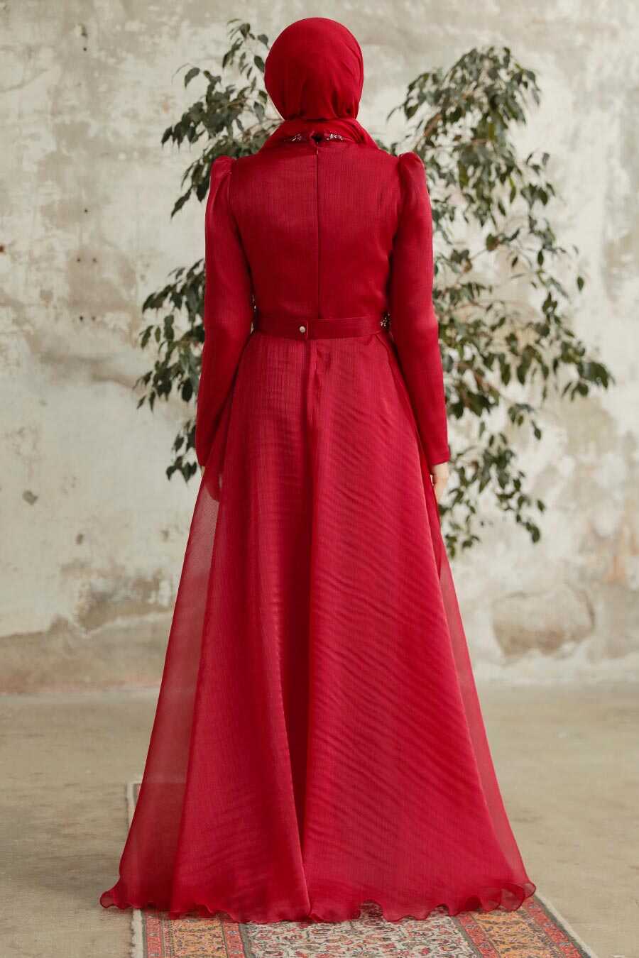 Neva Style - Long Claret Red Hijab Engagement Dress 3824BR