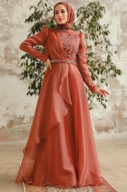 Neva Style - Long Copper Hijab Engagement Dress 3824BKR - Thumbnail