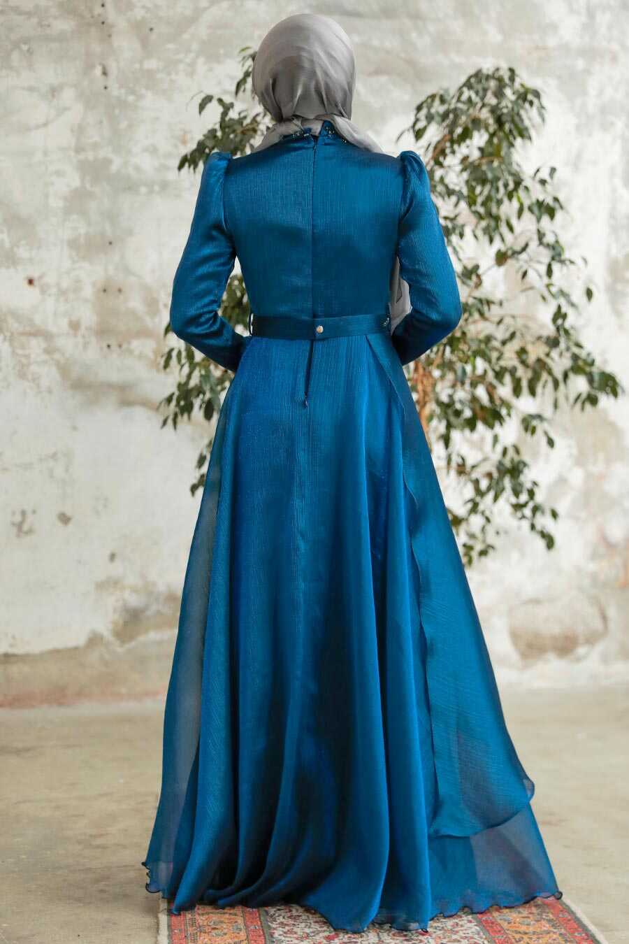 Neva Style - Long Indigo Blue Hijab Engagement Dress 3824IM