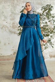Neva Style - Long Indigo Blue Hijab Engagement Dress 3824IM - Thumbnail