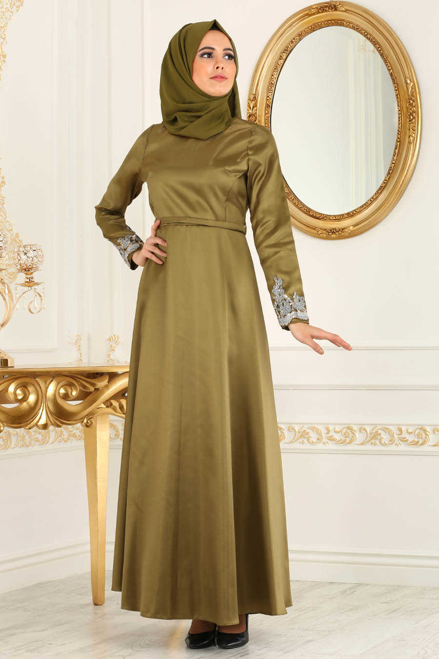 Oil Green Hijab Evening Dress 3516YY