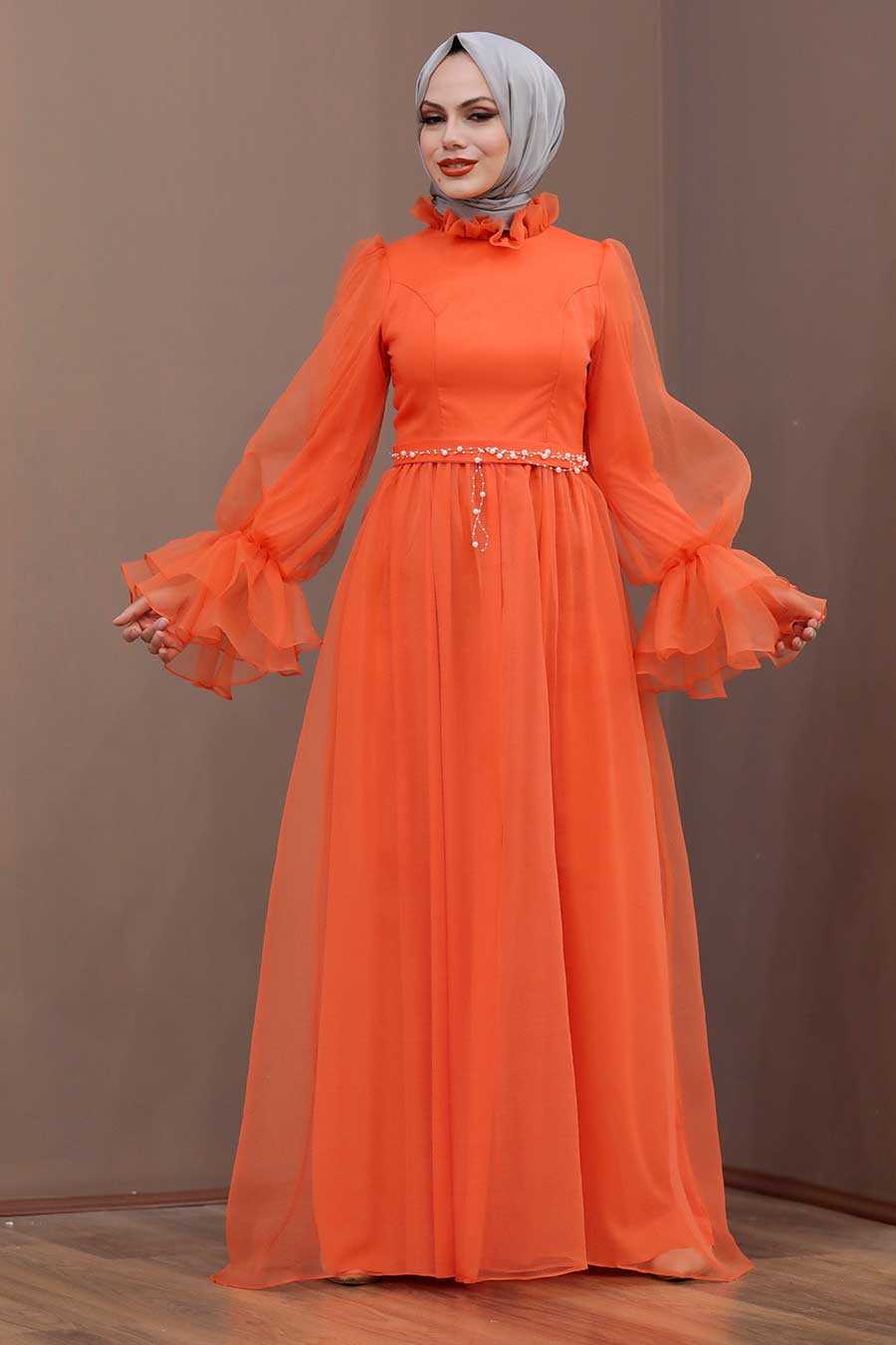 Orange Hijab Evening Dress 40420T