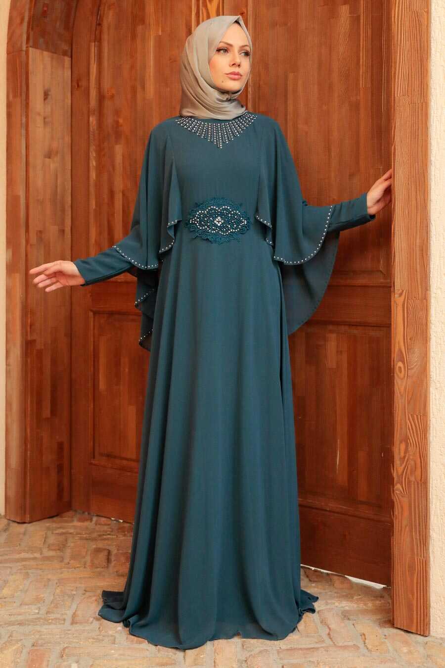 Pertol Blue Hijab Evening Dress 91501PM