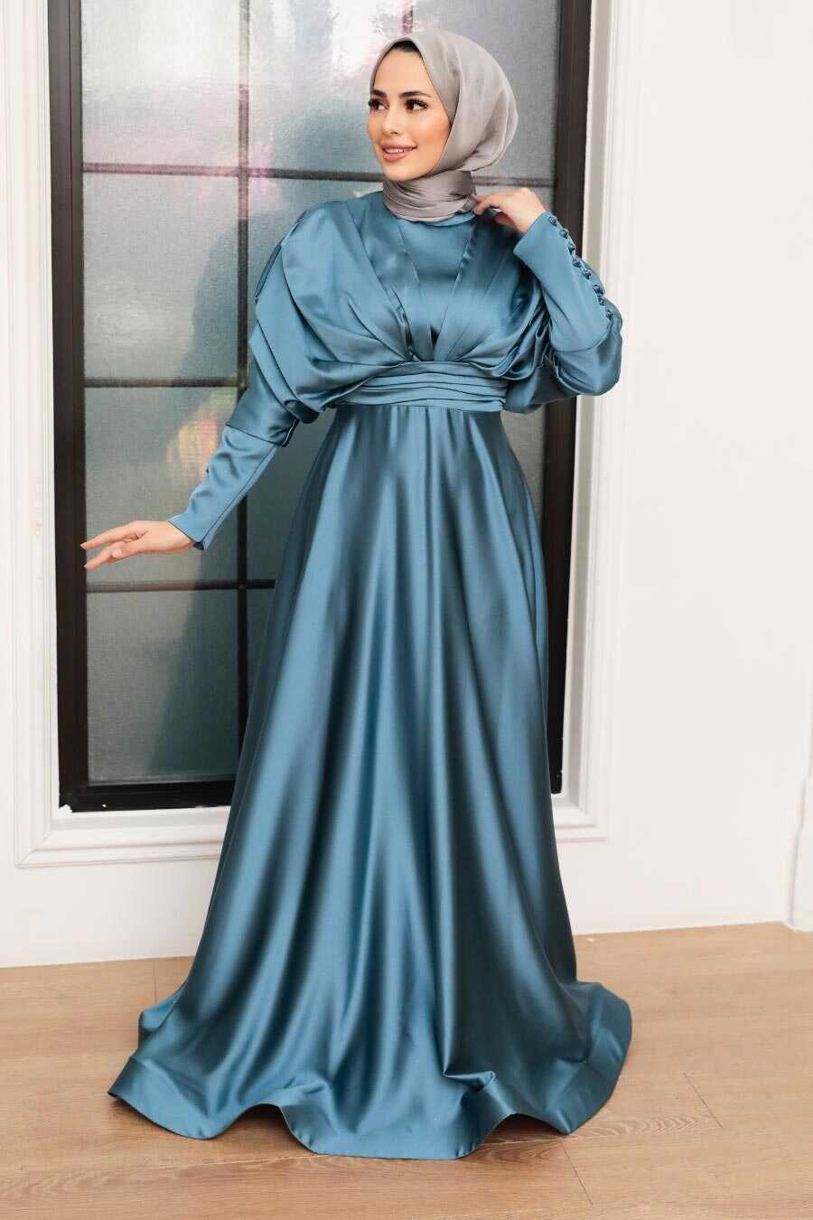 Petrol Blue Hijab Evening Dress 22470PM