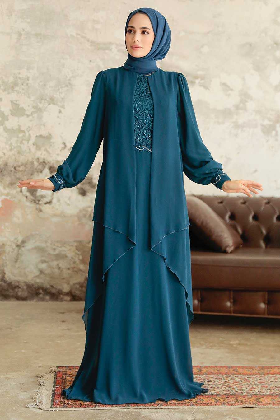 Petrol Blue Hijab Evening Dress 25765PM