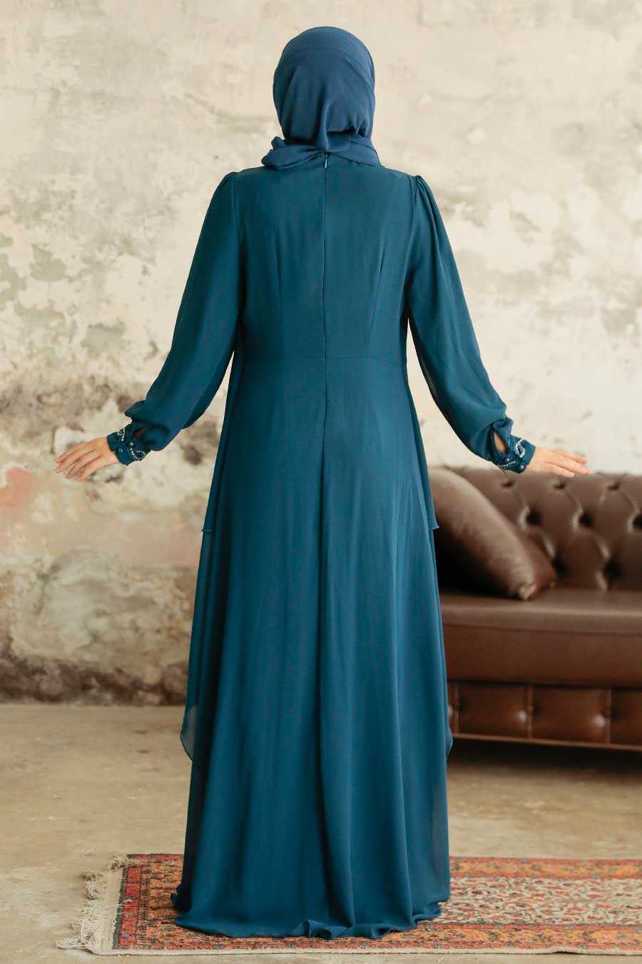 Petrol Blue Hijab Evening Dress 25765PM
