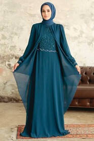Petrol Blue Hijab Evening Dress 25765PM - Thumbnail