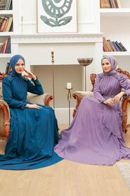 Petrol Blue Hijab Evening Dress 25807PM - Thumbnail
