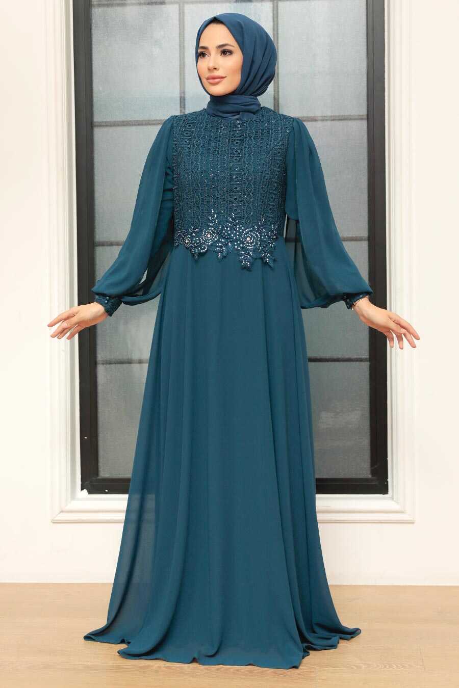 Petrol Blue Hijab Evening Dress 25819PM