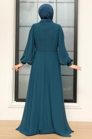 Petrol Blue Hijab Evening Dress 25819PM - Thumbnail
