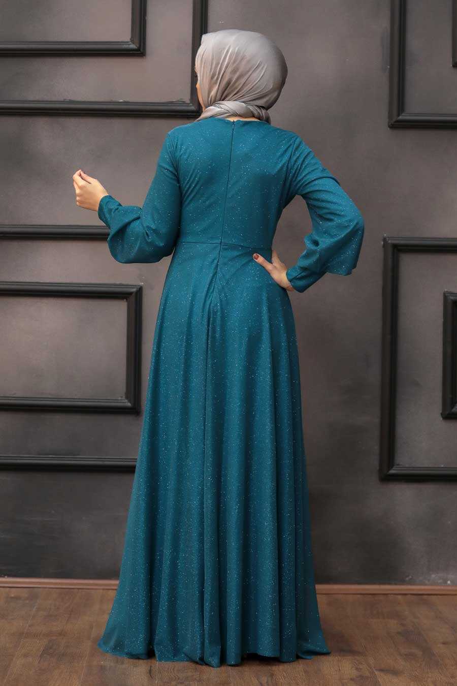 Petrol Blue Hijab Evening Dress 50151PM