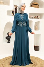 Petrol Blue Hijab Evening Dress 9118PM - Thumbnail