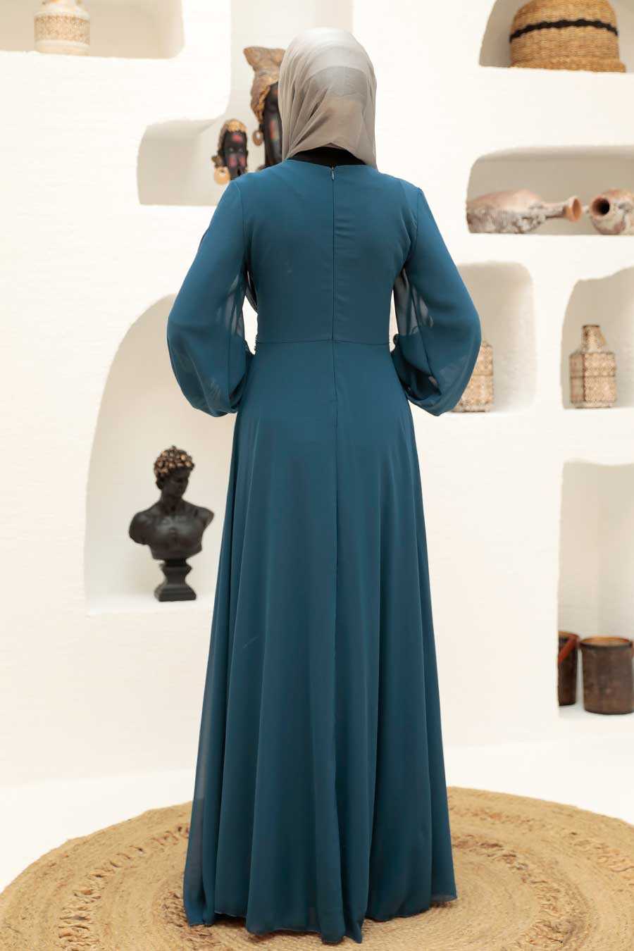 Petrol Blue Hijab Evening Dress 9118PM