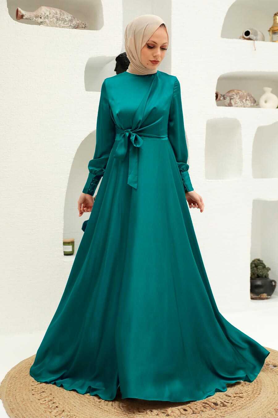 Petrol Green Hijab Evening Dress 1420PY