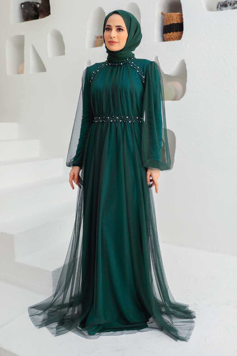 Petrol Green Hijab Evening Dress 9170PY