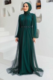 Petrol Green Hijab Evening Dress 9170PY - Thumbnail