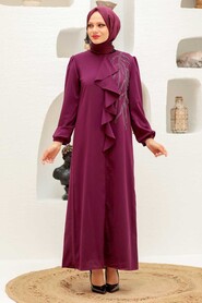 Plum Color Hijab Evening Dress 12951MU - Thumbnail