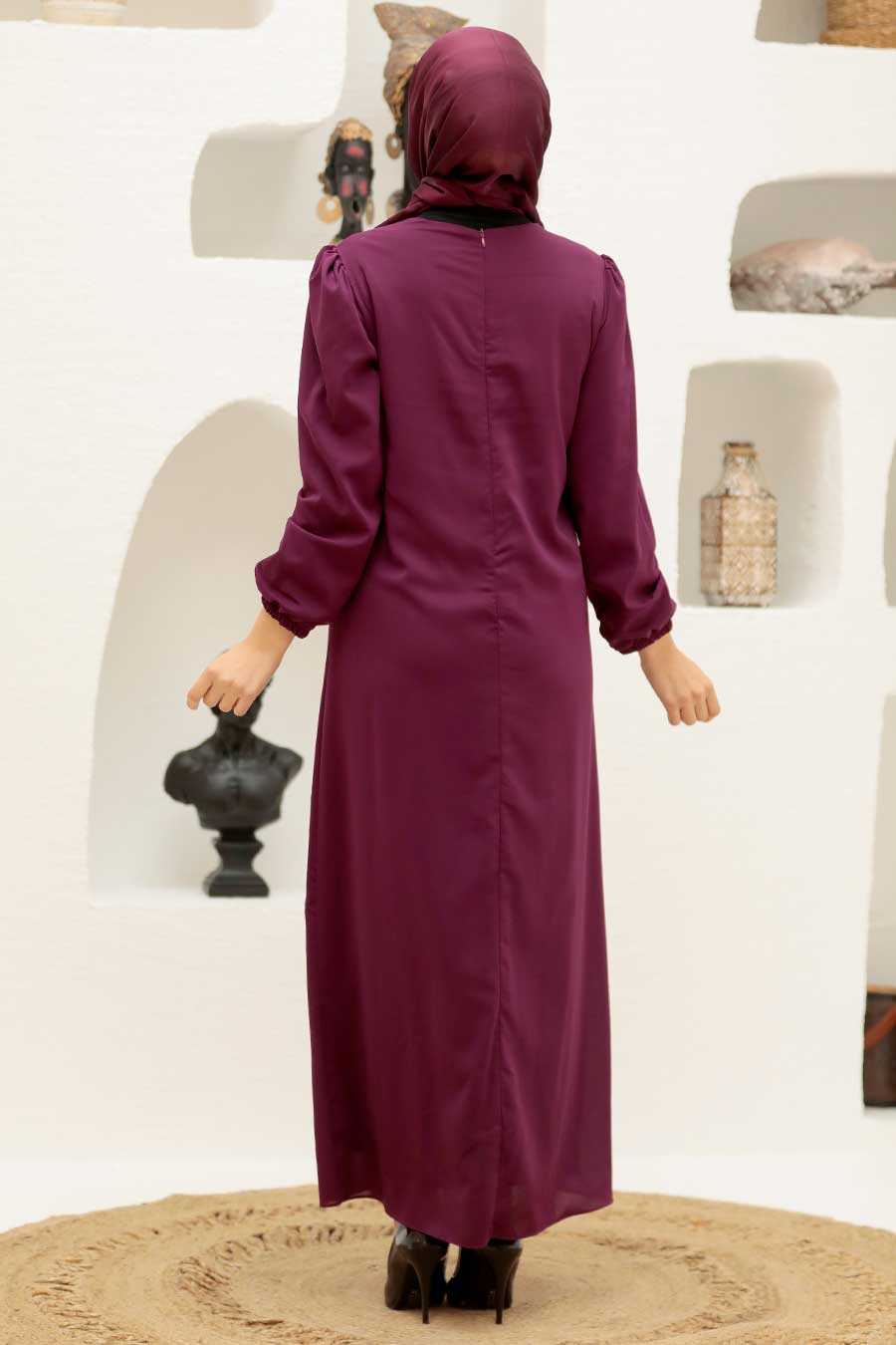 Plum Color Hijab Evening Dress 12951MU