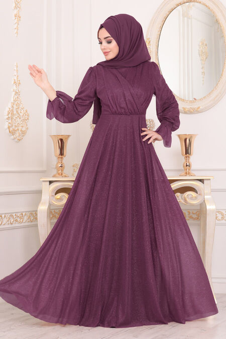 Plum Color Hijab Evening Dress 22202MU - Neva-style.com