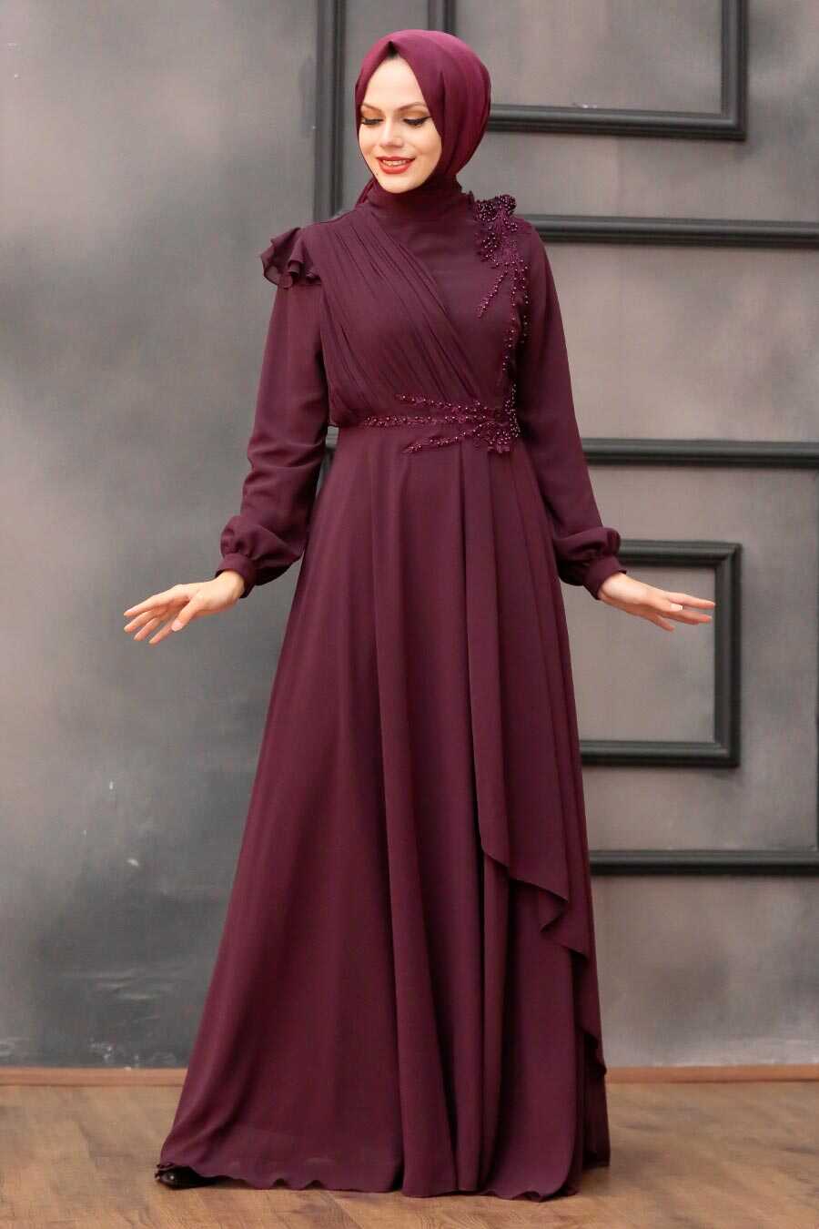 Neva Style - Long Plum Color Hijab Evening Dress 25791MU