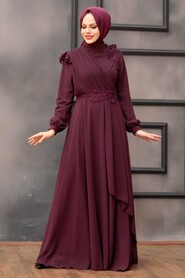 Neva Style - Long Plum Color Hijab Evening Dress 25791MU - Thumbnail