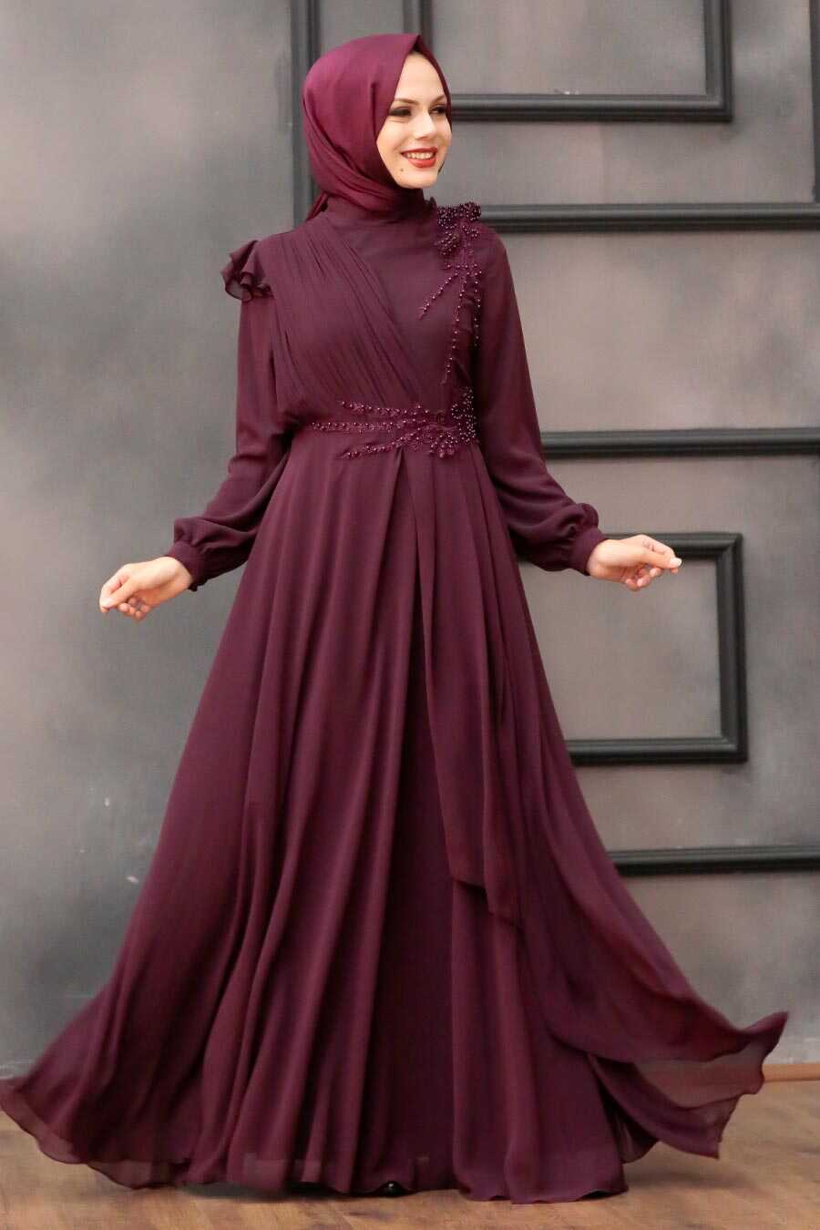Neva Style - Long Plum Color Hijab Evening Dress 25791MU