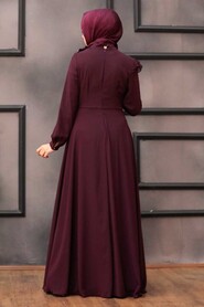 Neva Style - Long Plum Color Hijab Evening Dress 25791MU - Thumbnail
