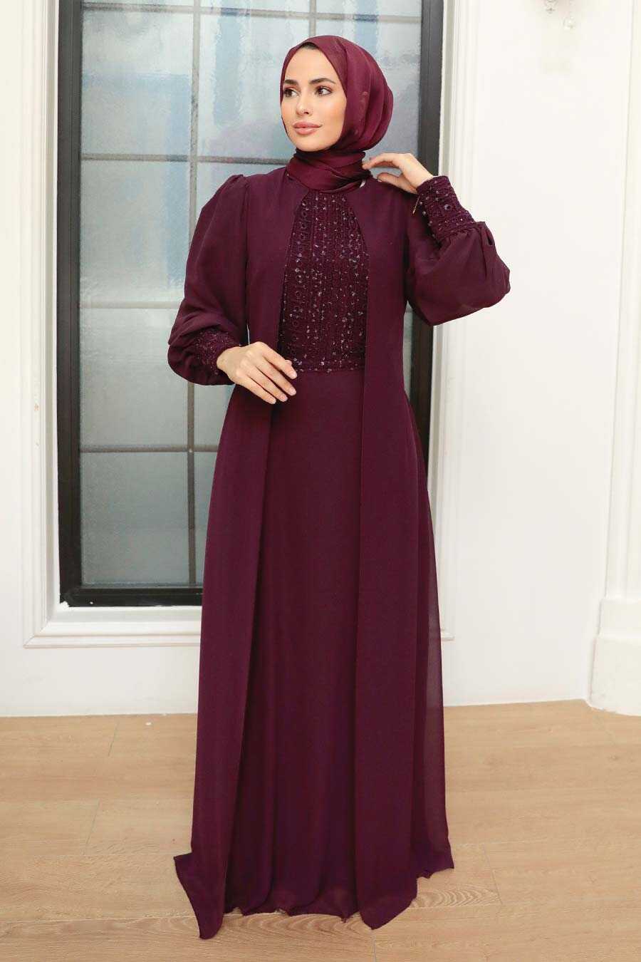Plum Color Hijab Evening Dress 25814MU