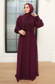 Plum Color Hijab Evening Dress 25814MU - Thumbnail