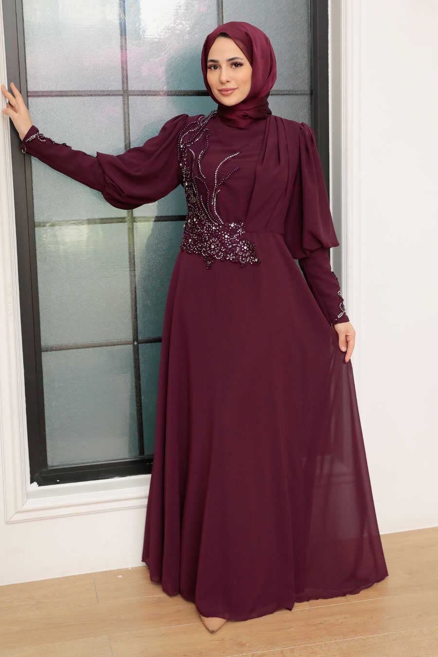 Plum Color Hijab Evening Dress 25817MU