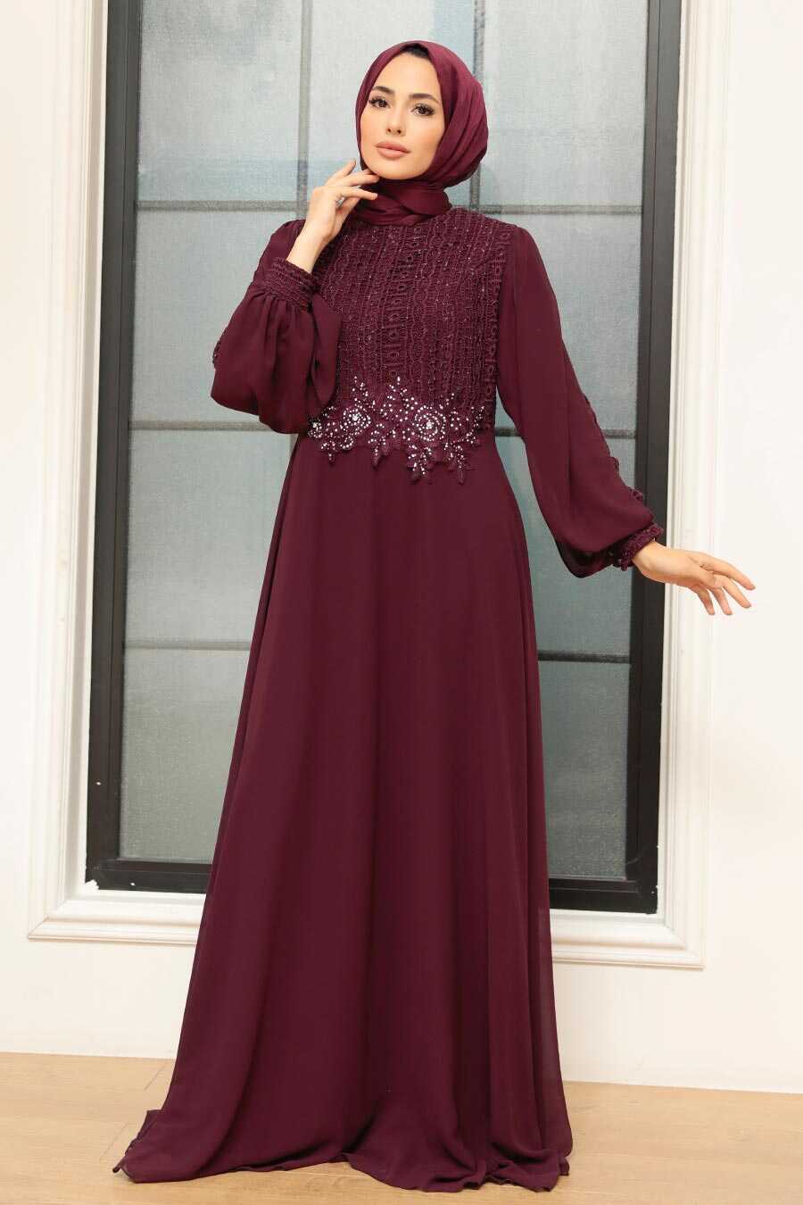 Plum Color Hijab Evening Dress 25819MU