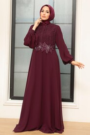 Plum Color Hijab Evening Dress 25819MU - Thumbnail