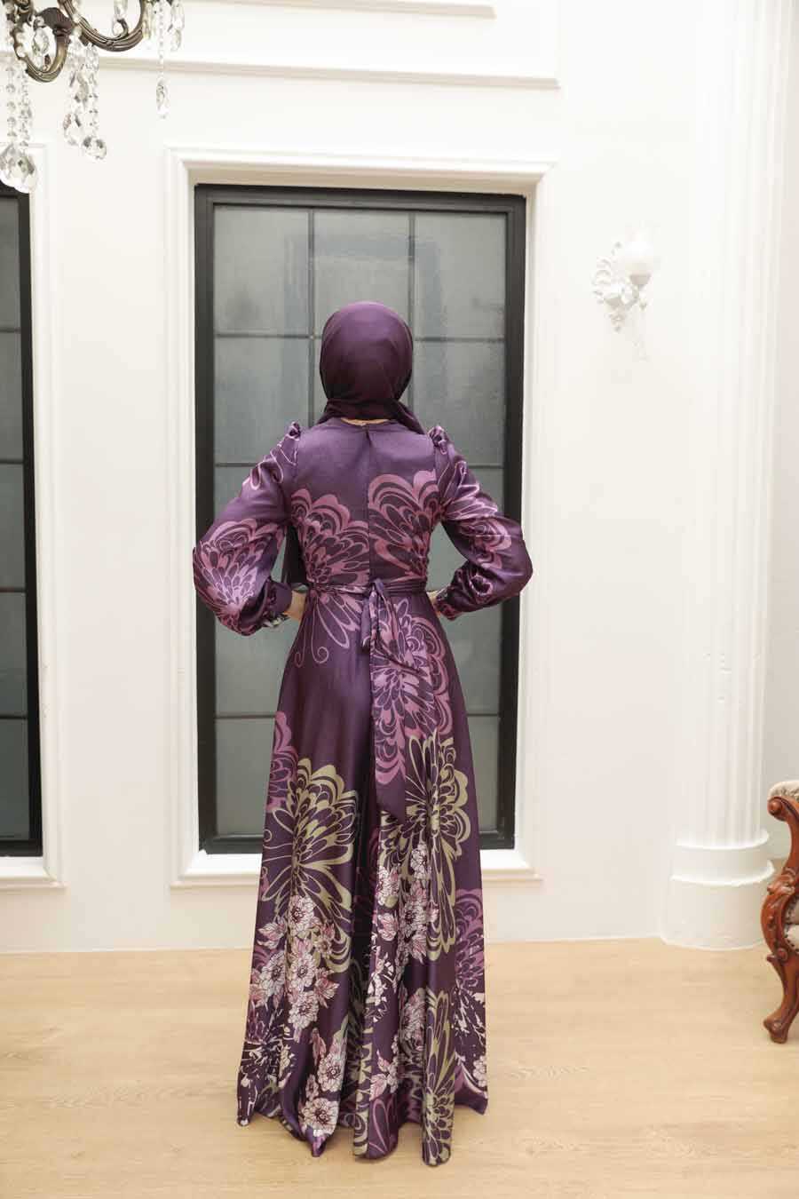 Plum Color Hijab Evening Dress 3432MU