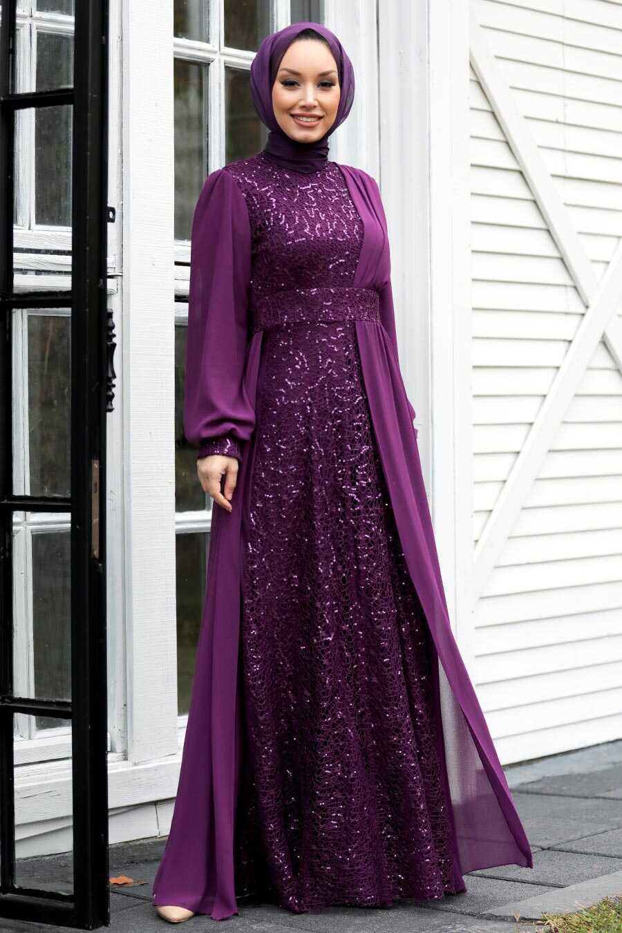 Plum Color Hijab Evening Dress 5408MU