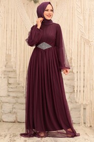 Plum Color Hijab Evening Dress 54230MU - Thumbnail