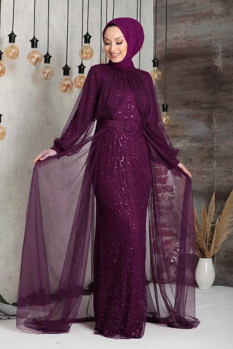 Plum Color Hijab Evening Dress 5441MU