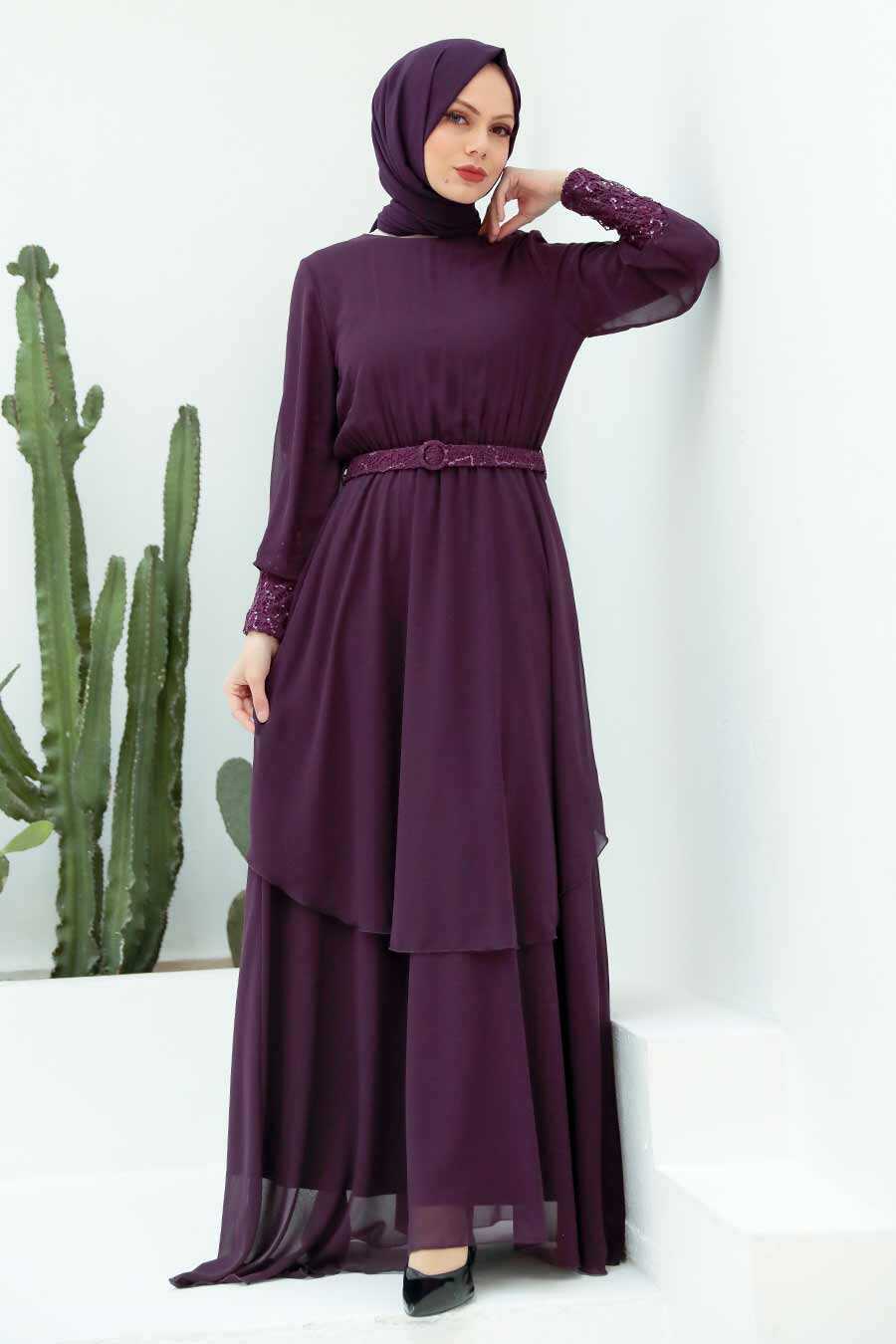 Plum Color Hijab Evening Dress 5489MU