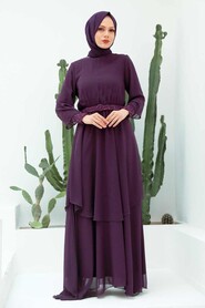 Plum Color Hijab Evening Dress 5489MU - Thumbnail