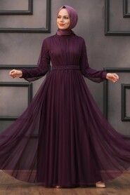 Plum Color Hijab Evening Dress 5514MU - Thumbnail