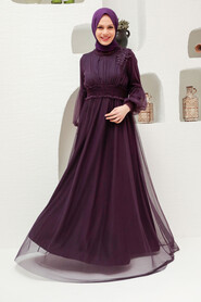 Plum Color Hijab Evening Dress 56520MU - Thumbnail