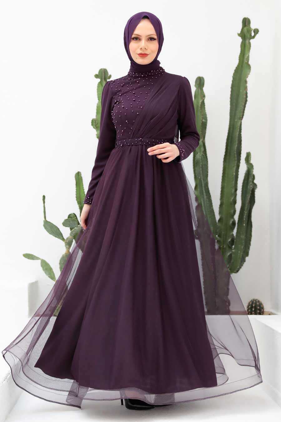 Plum Color Hijab Evening Dress 56641MU