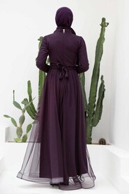 Plum Color Hijab Evening Dress 56641MU - Thumbnail