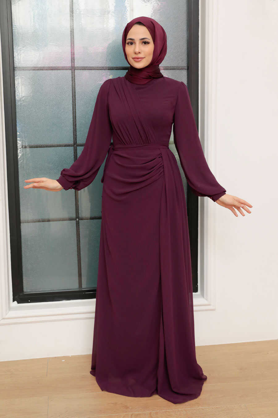 Plum Color Hijab Evening Dress 5711MU